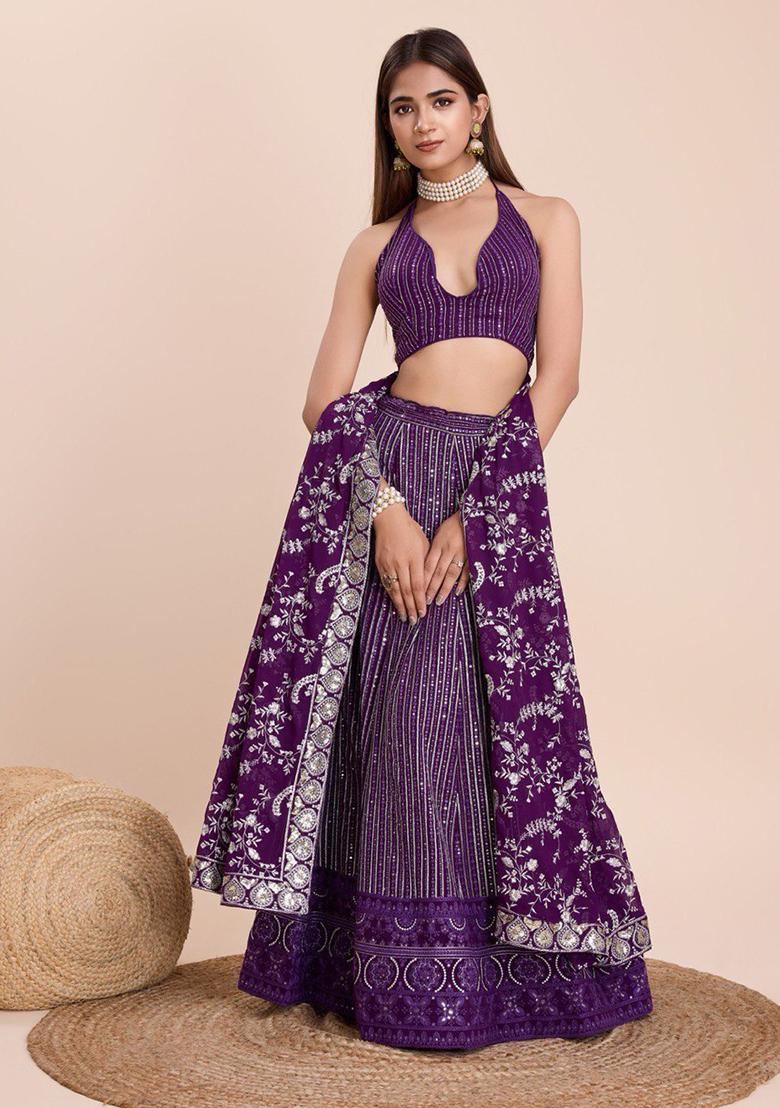 Purple Sequin Thread Embroidered Faux Georgette Lehenga Set