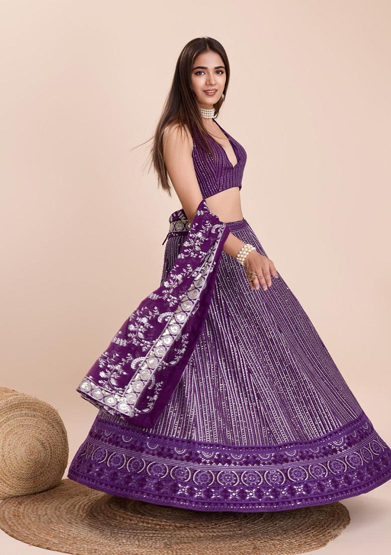 Purple Sequin Thread Embroidered Faux Georgette Lehenga Set