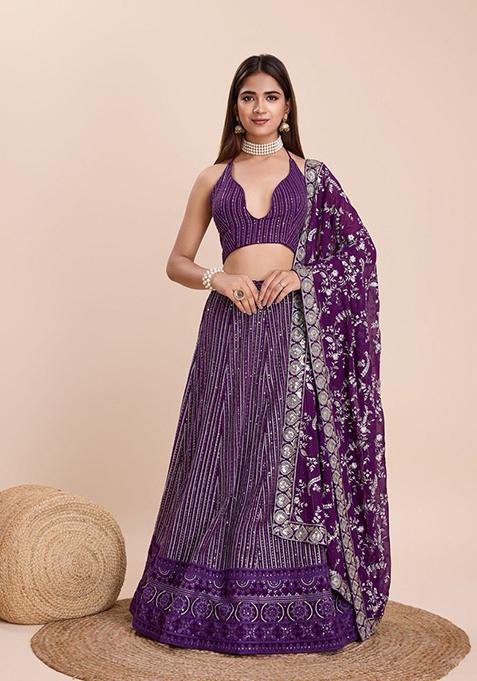 Purple Sequin Thread Embroidered Faux Georgette Lehenga Set