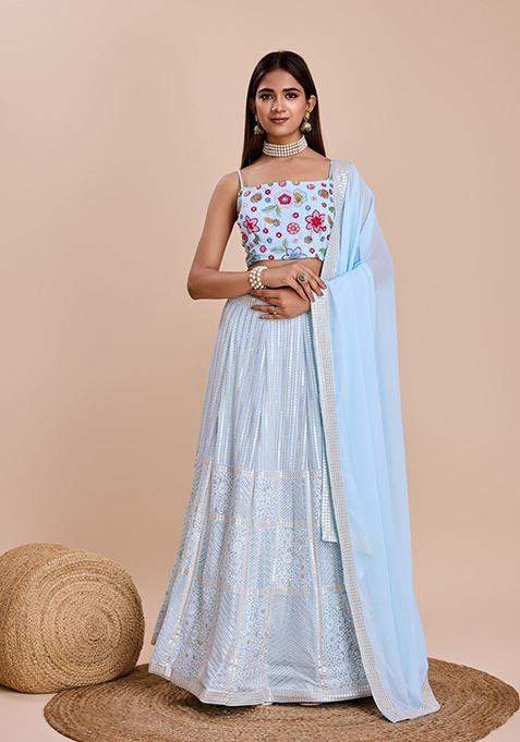 Sky Blue Sequin Thread Embroidered Faux Georgette Lehenga Set