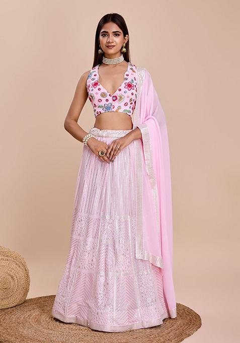 Baby Pink Sequin Thread Embroidered Faux Georgette Lehenga Set