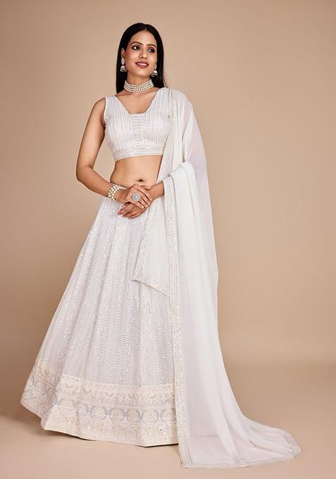 White Sequin Thread Embroidered Faux Georgette Lehenga Set