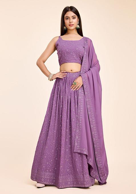 Lavender Sequin Thread Embroidered Faux Georgette Lehenga Set