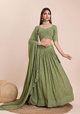 Green Sequin Thread Embroidered Faux Georgette Lehenga Set