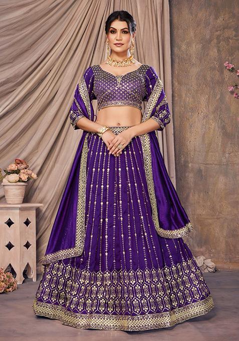 Purple Sequin Thread Embroidered Vichitra Silk Lehenga Set