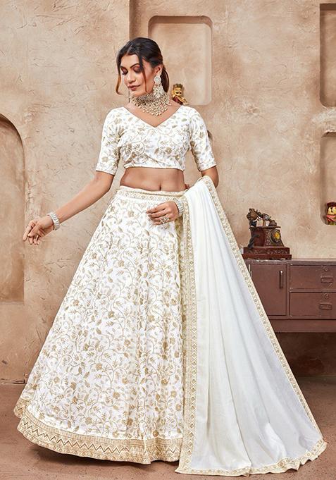 White Sequin Thread Embroidered Vichitra Silk Lehenga Set