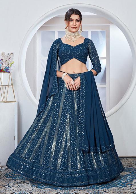 Blue Sequin Thread Embroidered Faux Georgette Lehenga Set