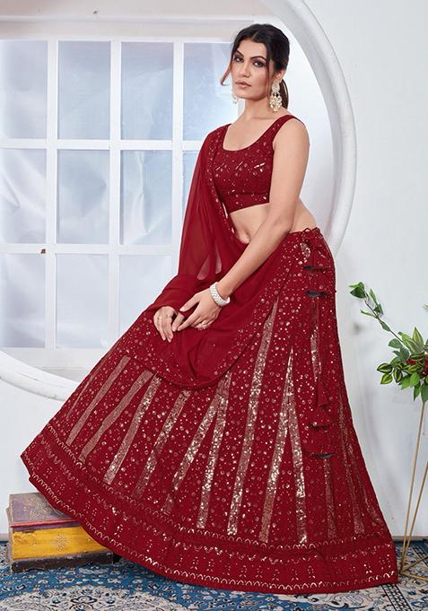 Red Sequin Thread Embroidered Faux Georgette Lehenga Set