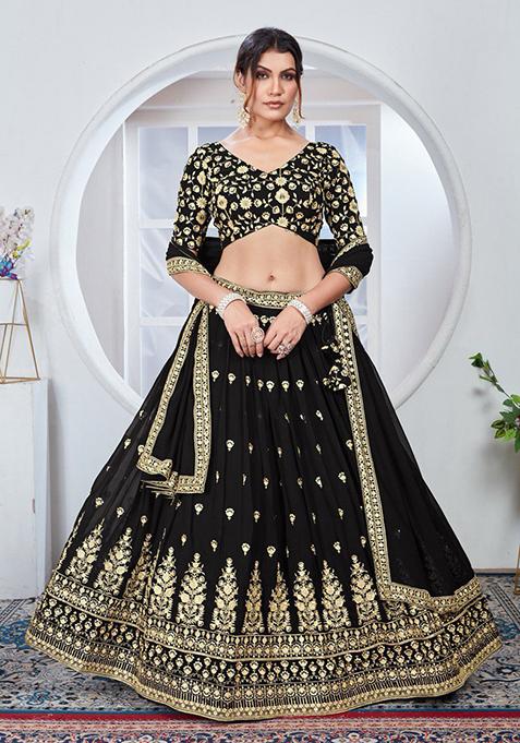 Black Sequin Thread Embroidered Faux Georgette Lehenga Set