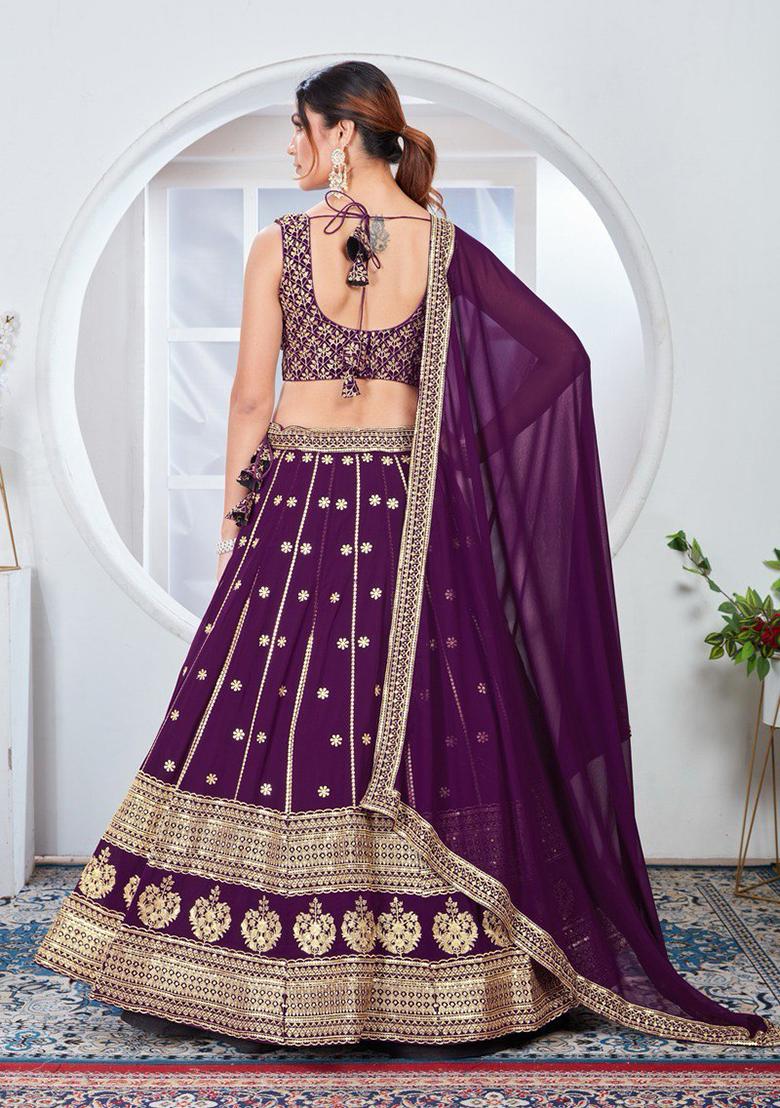 Wine Sequin Thread Embroidered Faux Georgette Lehenga Set