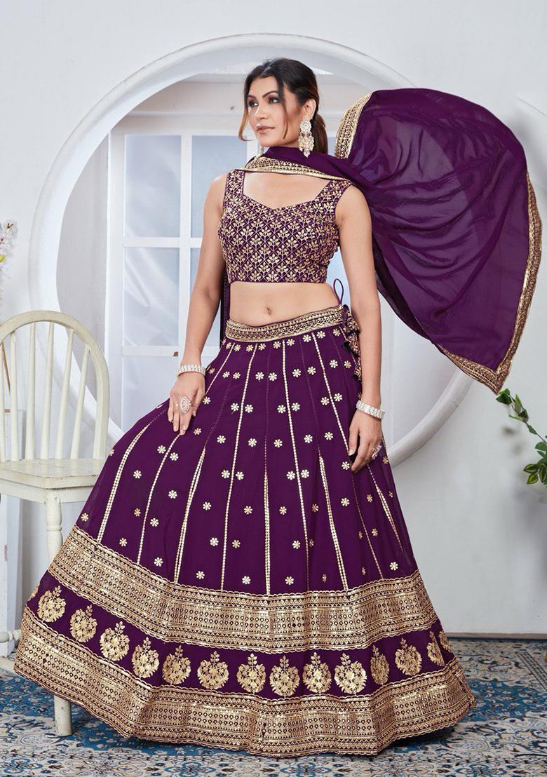 Wine Sequin Thread Embroidered Faux Georgette Lehenga Set