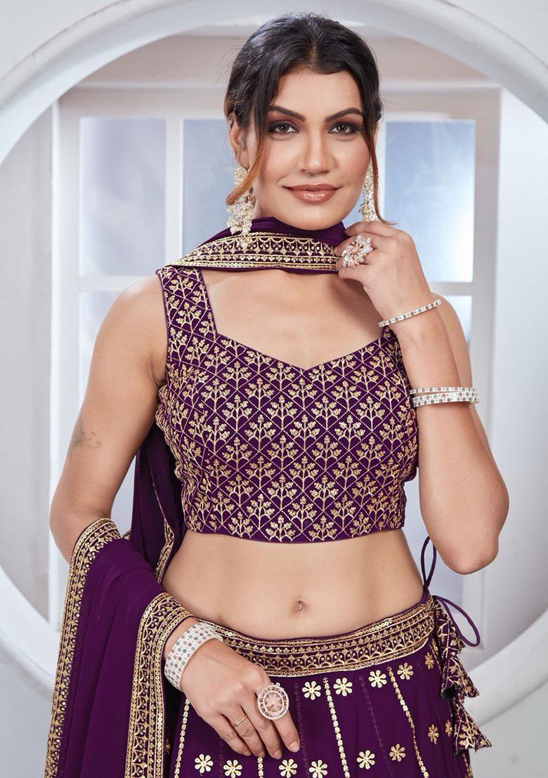 Wine Sequin Thread Embroidered Faux Georgette Lehenga Set