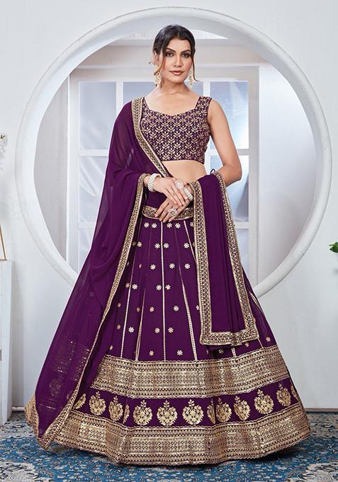 Wine Sequin Thread Embroidered Faux Georgette Lehenga Set