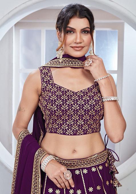 Wine Sequin Thread Embroidered Faux Georgette Lehenga Set