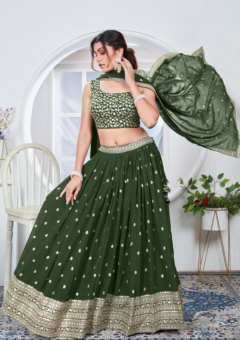 Green Sequin Thread Embroidered Faux Georgette Lehenga Set - Indya