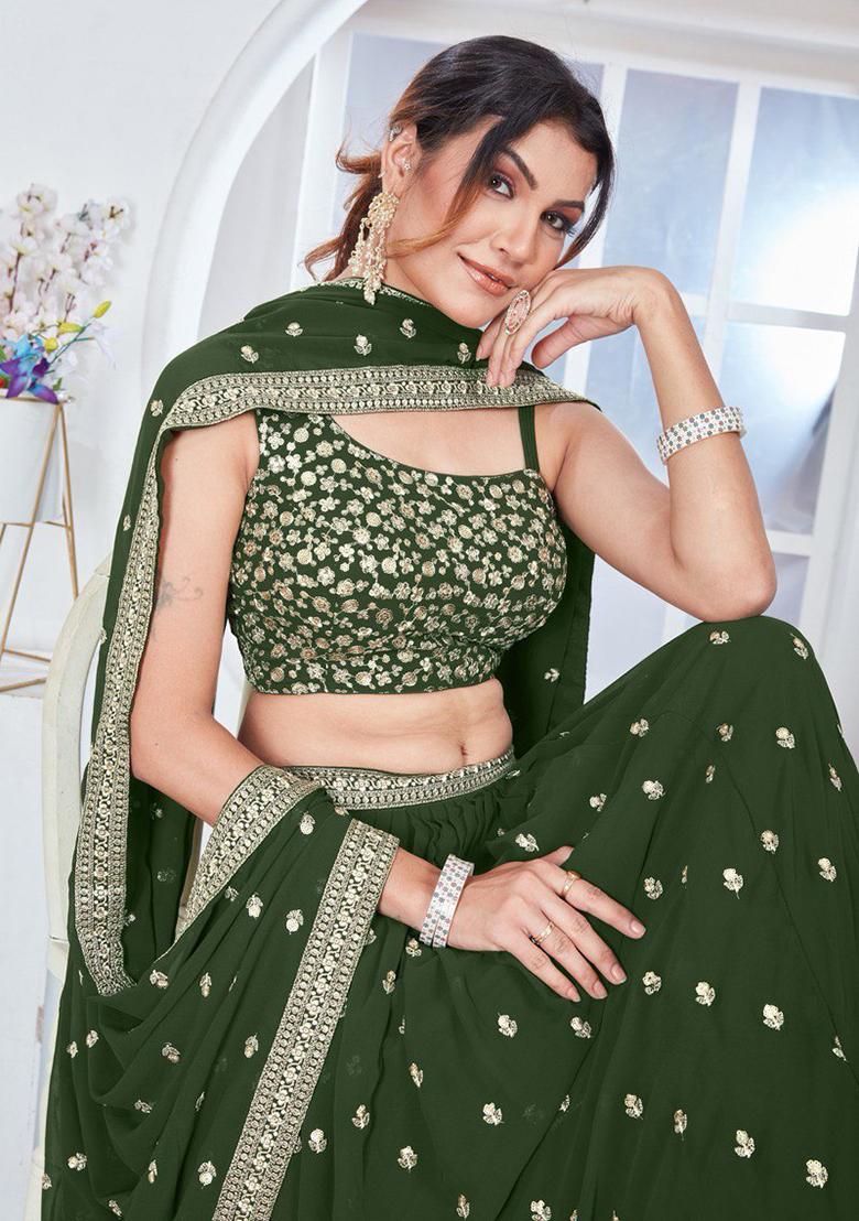 Green Sequin Thread Embroidered Faux Georgette Lehenga Set
