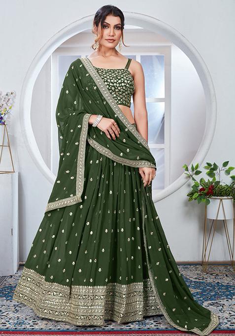 Green Sequin Thread Embroidered Faux Georgette Lehenga Set