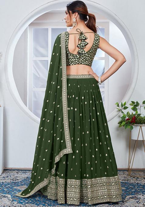 Green Sequin Thread Embroidered Faux Georgette Lehenga Set