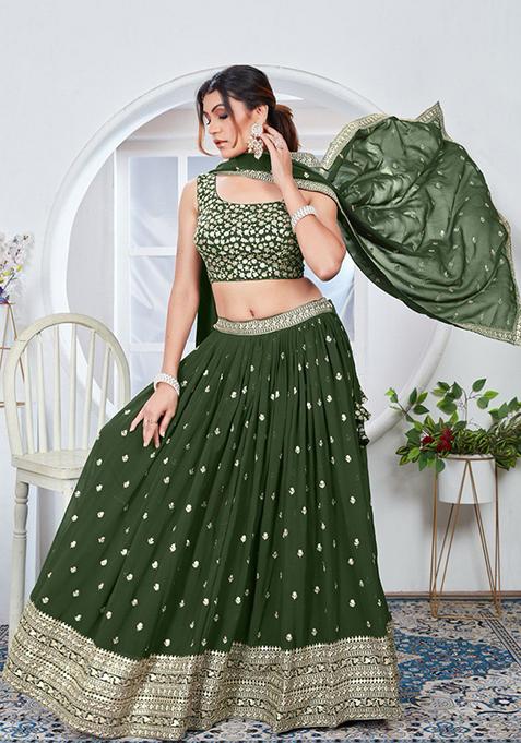 Green Sequin Thread Embroidered Faux Georgette Lehenga Set