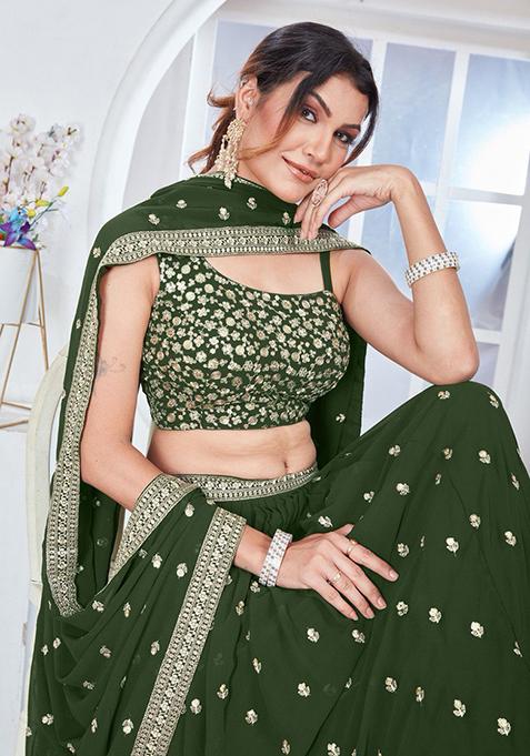 Green Sequin Thread Embroidered Faux Georgette Lehenga Set