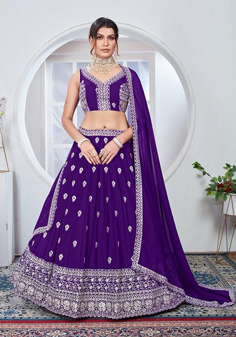 Purple Sequin Thread Embroidered Faux Georgette Lehenga Set