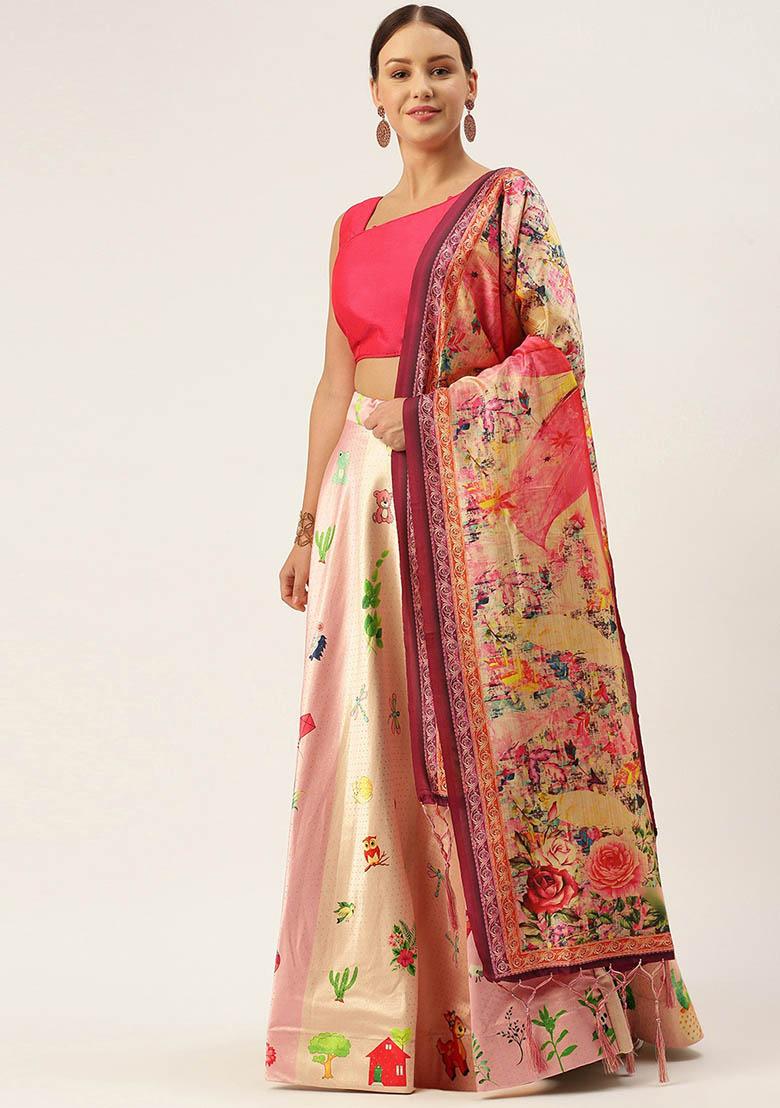Pink Printed Silk Lehenga Set