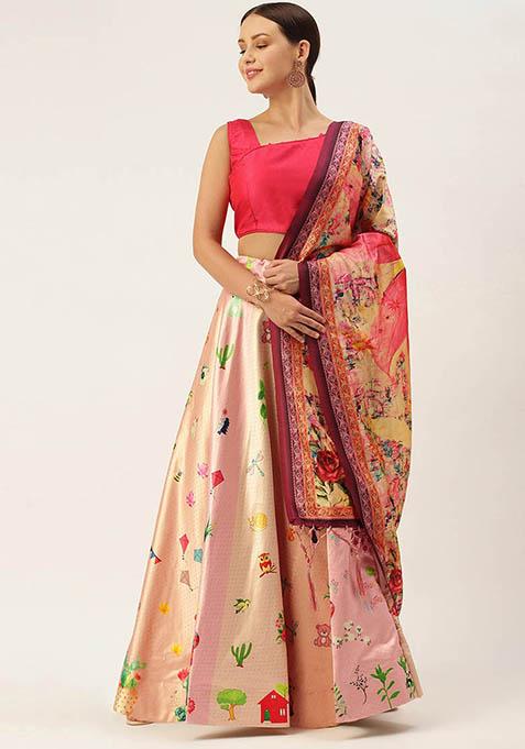 Pink Printed Silk Lehenga Set