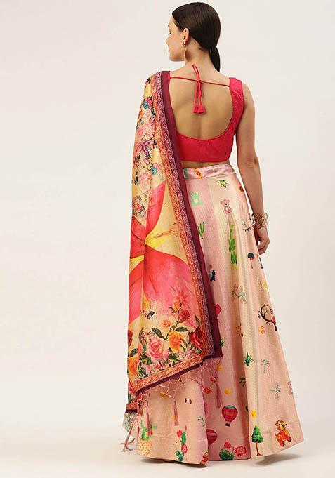 Pink Printed Silk Lehenga Set