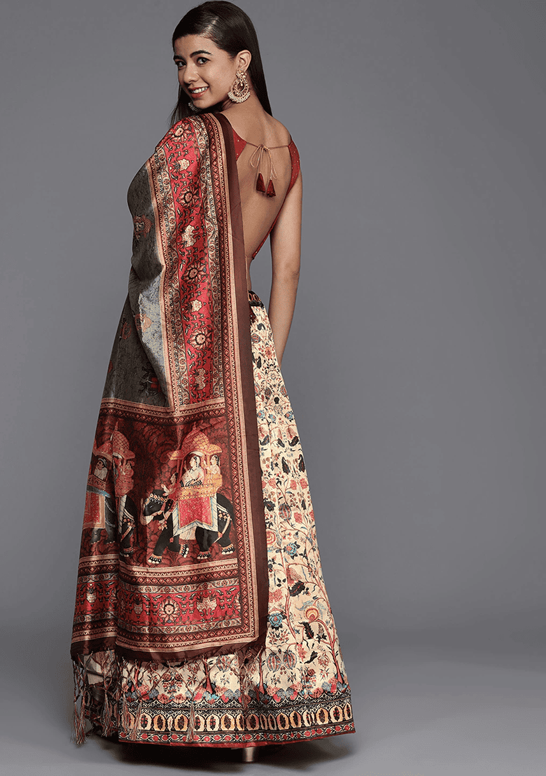 Beige Printed Silk Lehenga Set