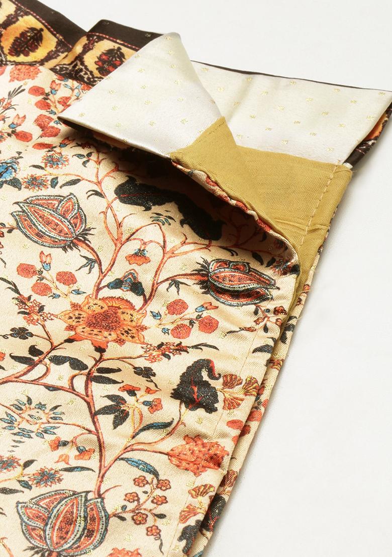 Beige Printed Silk Lehenga Set