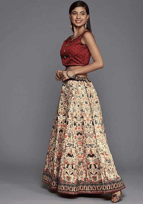 Beige Printed Silk Lehenga Set