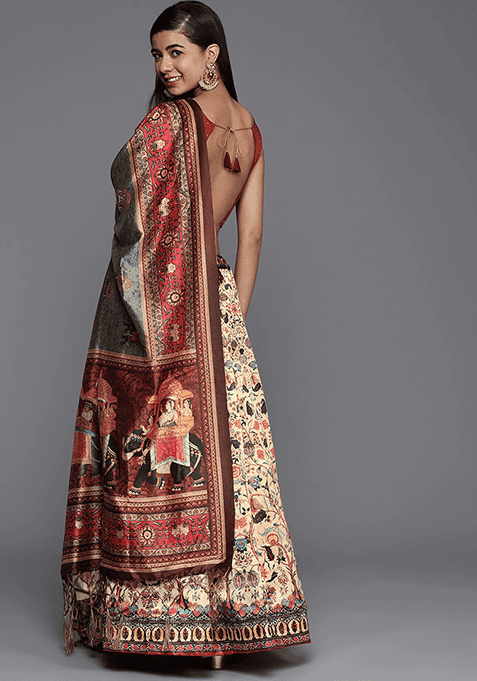 Beige Printed Silk Lehenga Set