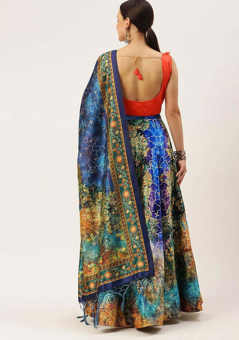 Navy Blue Printed Silk Lehenga Set