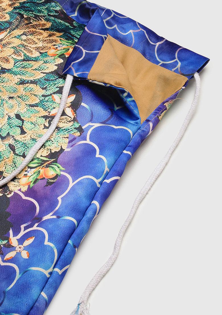 Navy Blue Printed Silk Lehenga Set