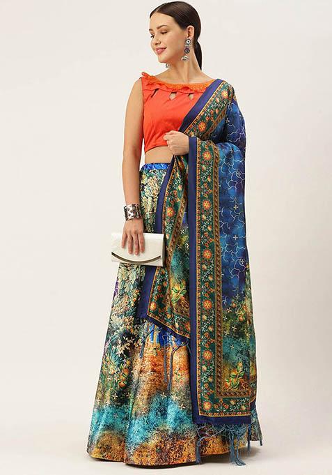 Navy Blue Printed Silk Lehenga Set