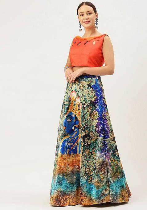 Navy Blue Printed Silk Lehenga Set