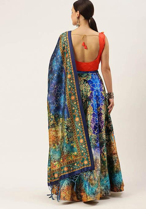 Navy Blue Printed Silk Lehenga Set