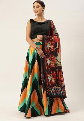 Multicolor Printed Silk Lehenga Set