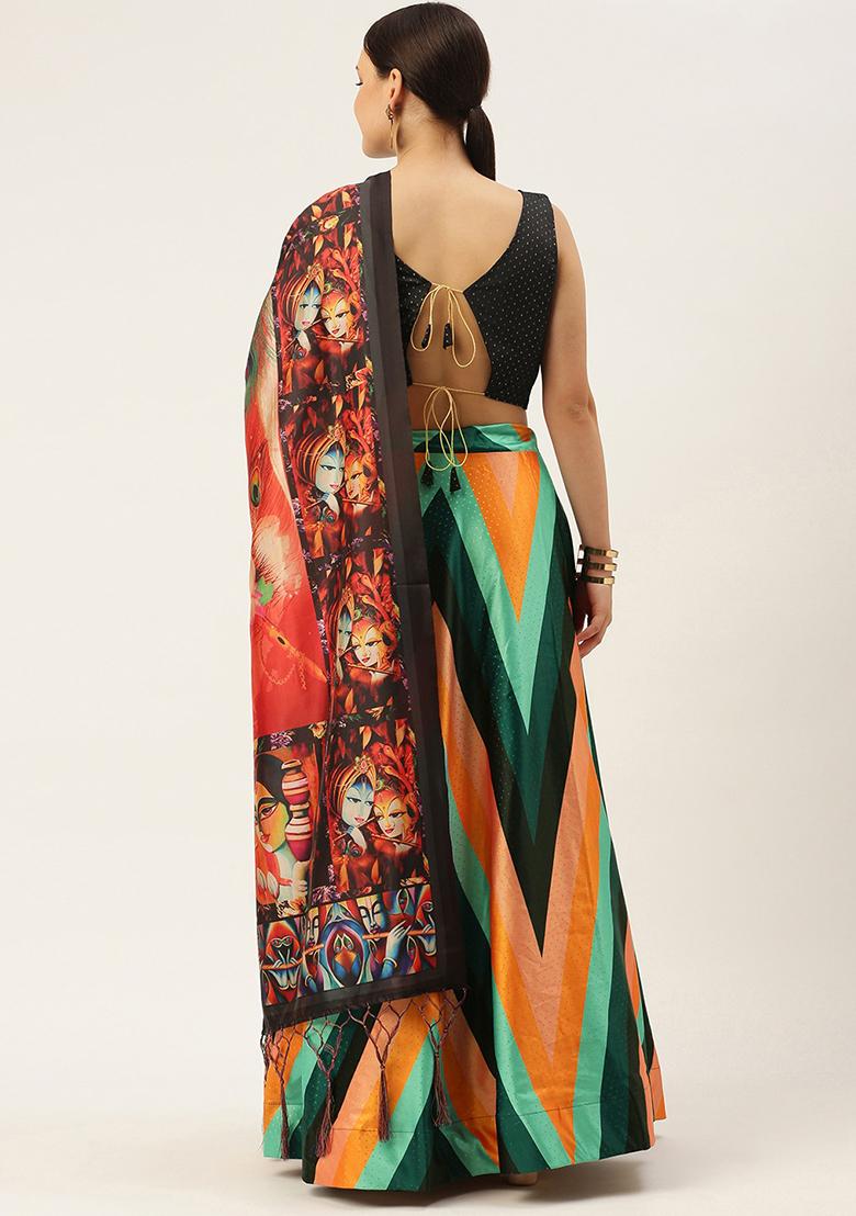 Multicolor Printed Silk Lehenga Set