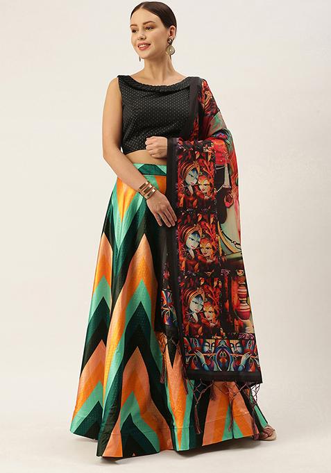 Multicolor Printed Silk Lehenga Set