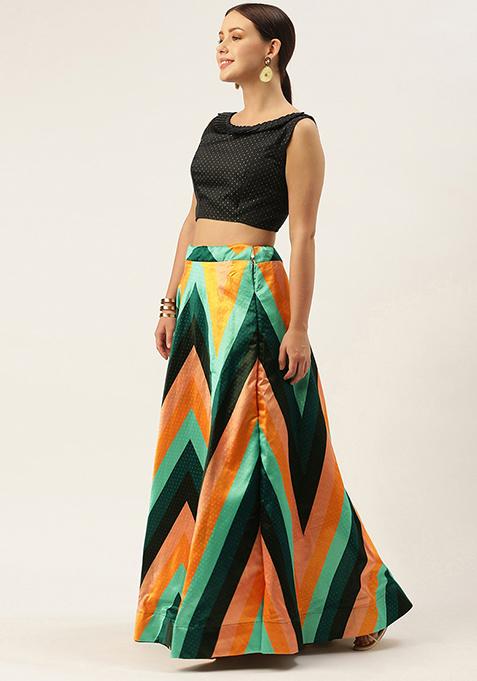 Multicolor Printed Silk Lehenga Set