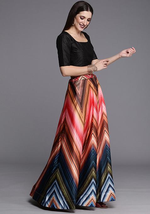 Multicolor Printed Silk Lehenga Set