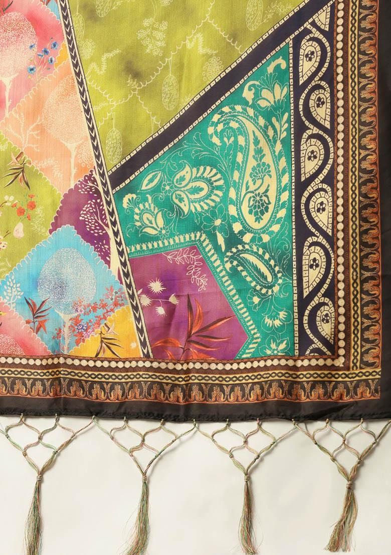 Multicolor Printed Silk Lehenga Set