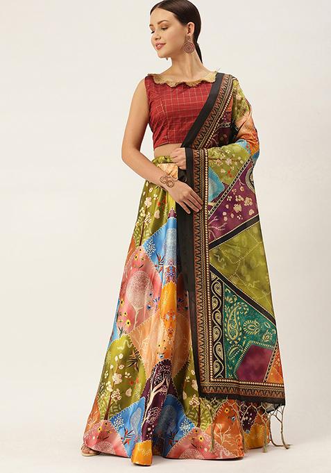 Multicolor Printed Silk Lehenga Set