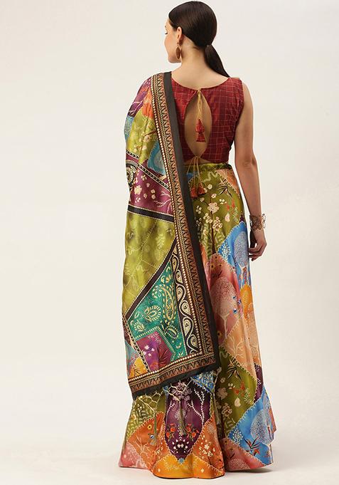 Multicolor Printed Silk Lehenga Set