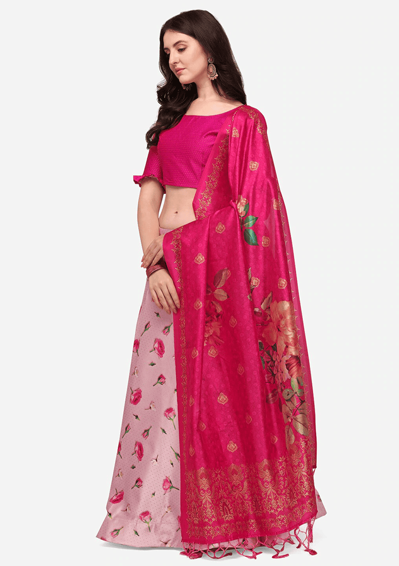 Pink Printed Silk Lehenga Set
