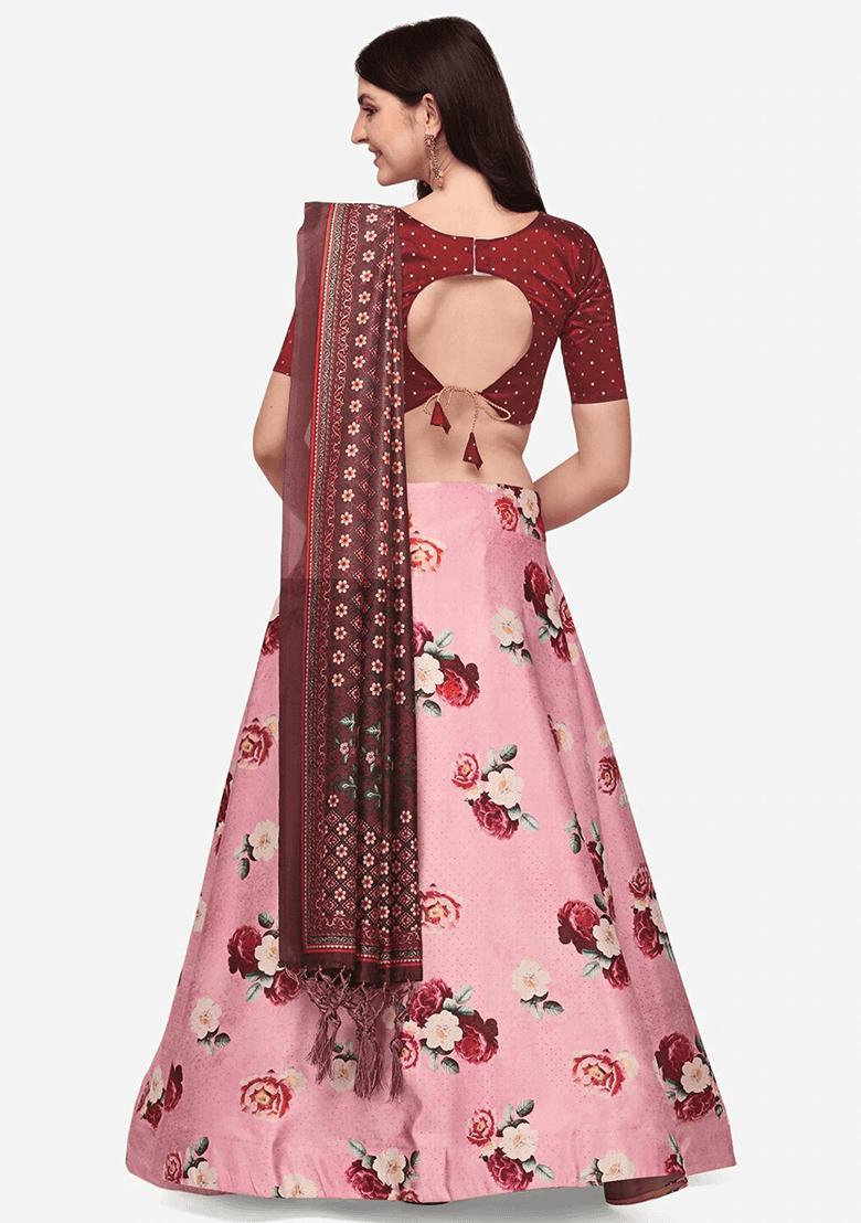 Pink Printed Silk Lehenga Set