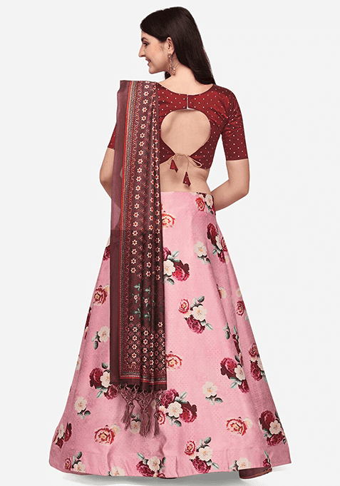 Pink Printed Silk Lehenga Set
