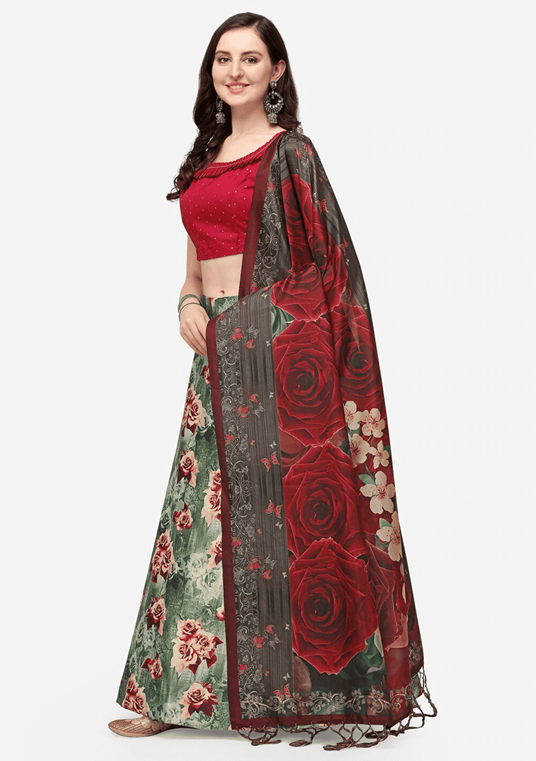 Green Printed Silk Lehenga Set