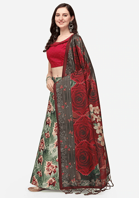 Green Printed Silk Lehenga Set